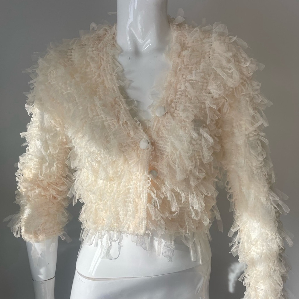 Sister Nancy Cream Ruffle Textured Cardigan Sweater Small Statement Romantic